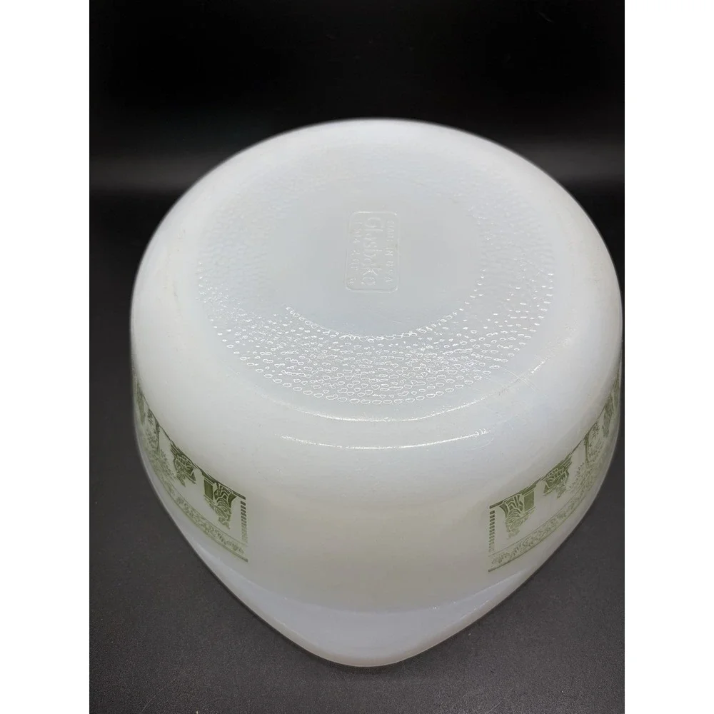 Vintage Glasbake Milk Glass With Roman Greek Green Design 2 QT Casserole‎ Dish